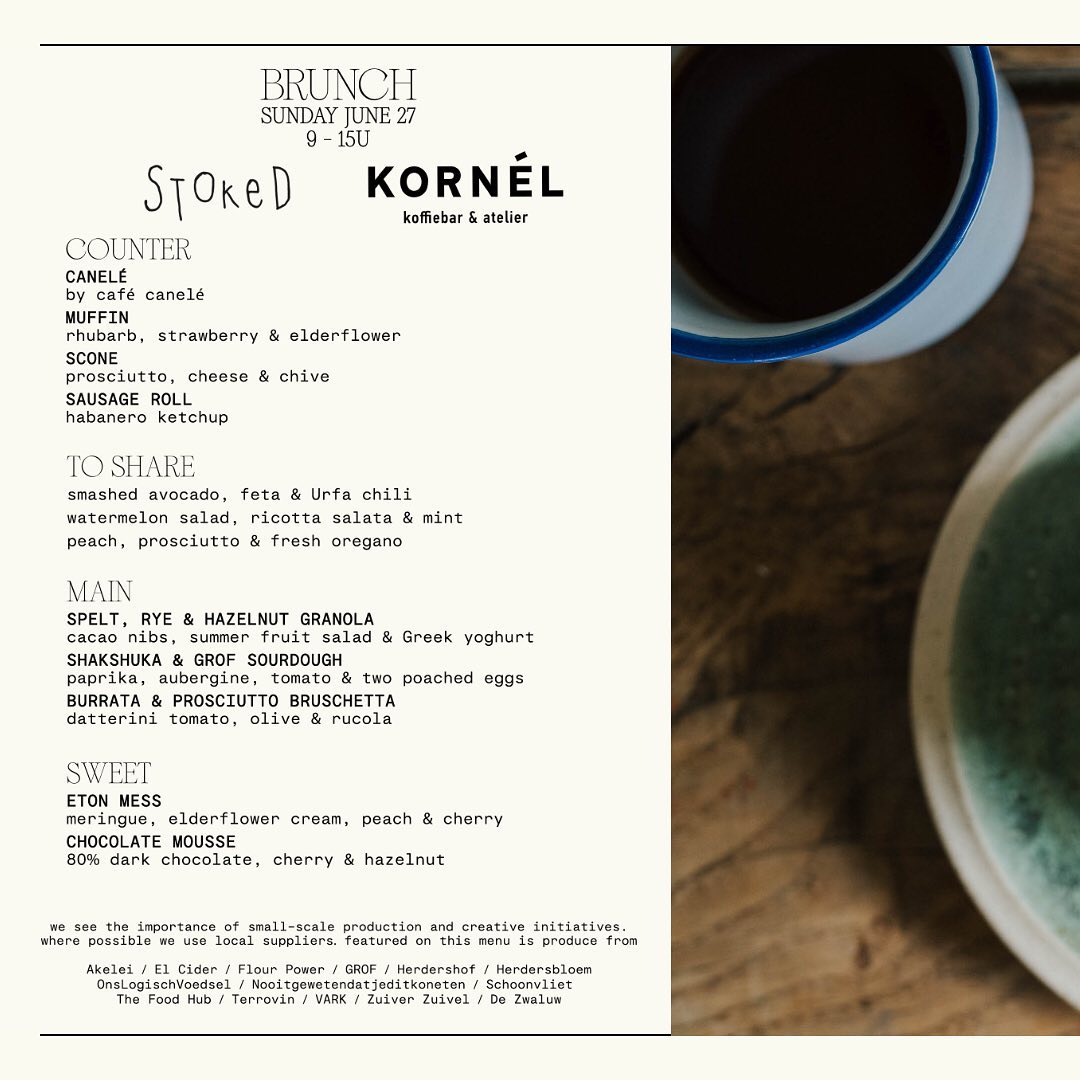 Stoked x Kornél brunch vol 2. Sunday, June 27Few more tables are still available from 13h. Book via @kornelkoffie ellen@kornel.be 03 501 59 22#kornelxstoked #brunch